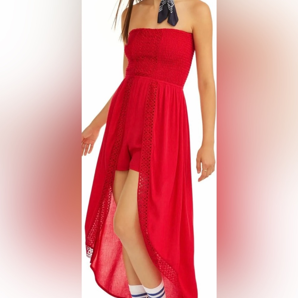 NEW Woman’s Red sleeveless Smocked dress has a built-in romper and crochet trim
